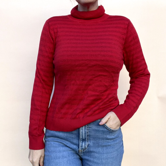 Charter Club Sweater Womens Medium Petite Red Striped Cotton Turtleneck Pullover - Picture 7 of 11